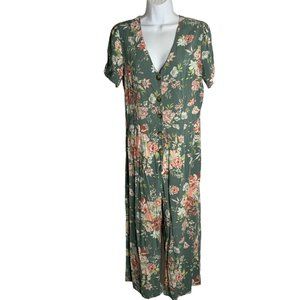 Xhilaration Cropped High Rise Jumpsuit L Green Floral V Neck Button Short Sleeve
